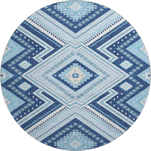 8' Navy Blue And Ivory Tribal Washable Round Rug With UV Protection