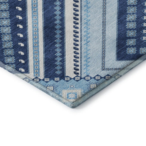 8' Navy Blue And Ivory Tribal Washable Round Rug With UV Protection