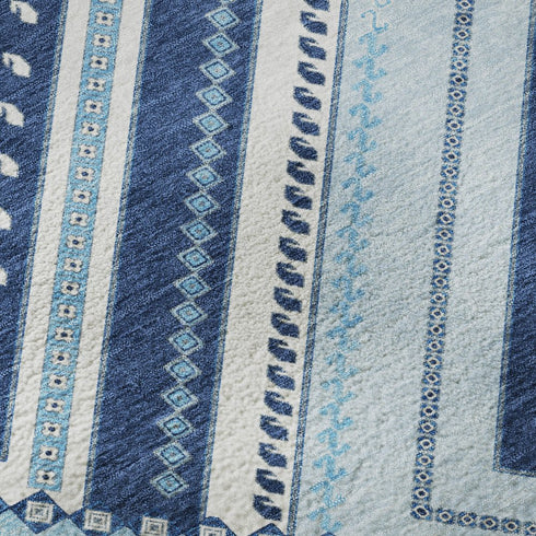 8' Navy Blue And Ivory Tribal Washable Round Rug With UV Protection