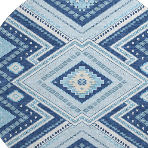 8' Navy Blue And Ivory Tribal Washable Round Rug With UV Protection