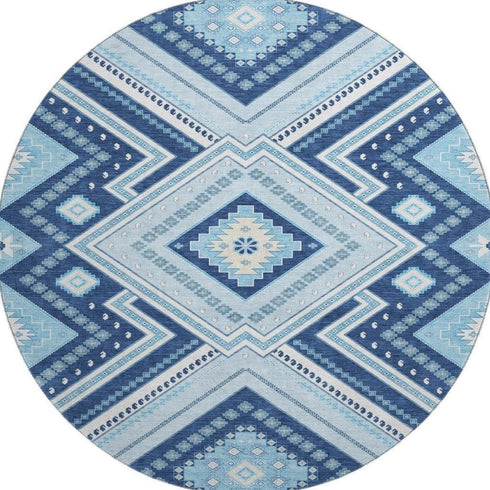 8' Navy Blue And Ivory Tribal Washable Round Rug With UV Protection