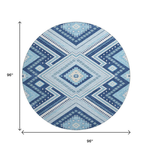 8' Navy Blue And Ivory Tribal Washable Round Rug With UV Protection