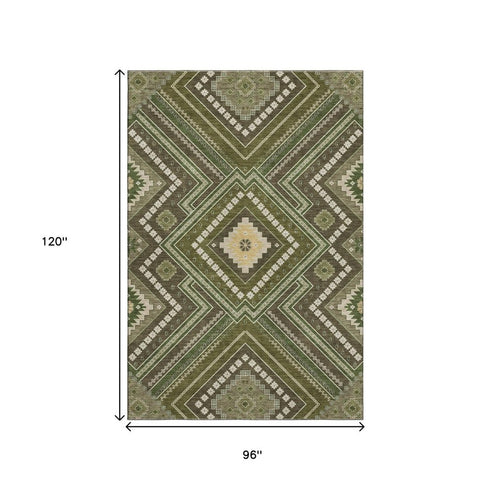 8' X 10' Olive Green Ivory And Brown Tribal Washable Area Rug With UV Protection