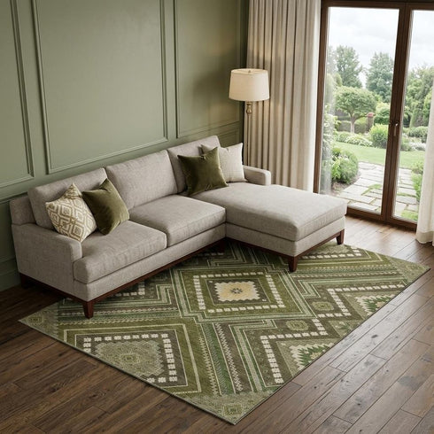 8' X 10' Olive Green Ivory And Brown Tribal Washable Area Rug With UV Protection