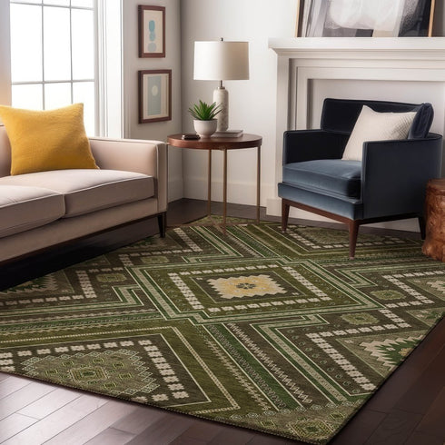 8' X 10' Olive Green Ivory And Brown Tribal Washable Area Rug With UV Protection
