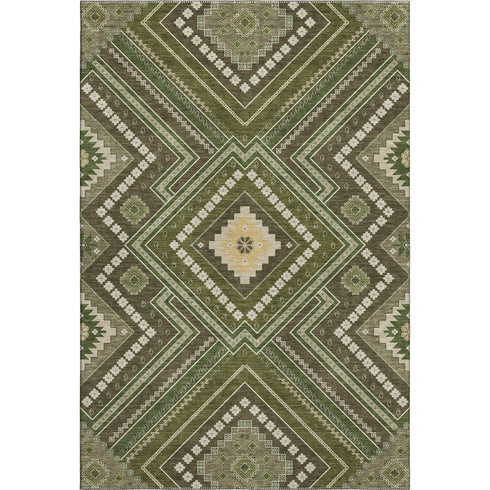 8' X 10' Olive Green Ivory And Brown Tribal Washable Area Rug With UV Protection