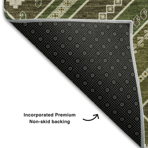 8' X 10' Olive Green Ivory And Brown Tribal Washable Area Rug With UV Protection