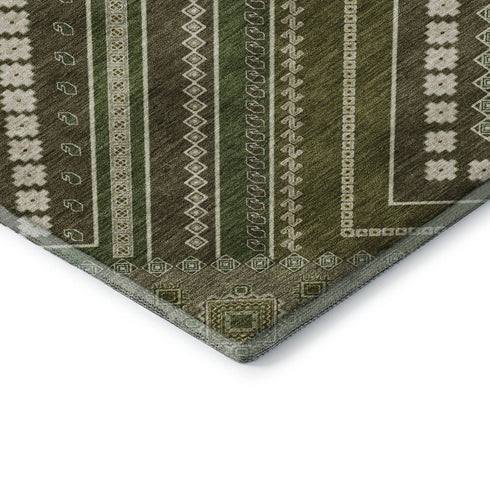 8' X 10' Olive Green Ivory And Brown Tribal Washable Area Rug With UV Protection