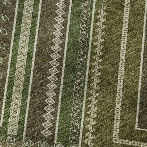 8' X 10' Olive Green Ivory And Brown Tribal Washable Area Rug With UV Protection