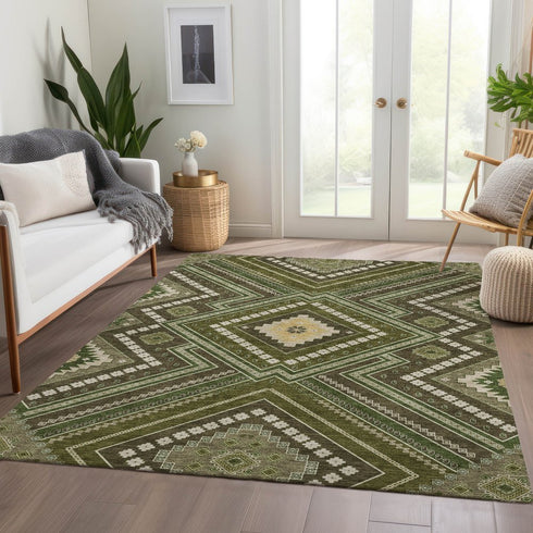 8' X 10' Olive Green Ivory And Brown Tribal Washable Area Rug With UV Protection