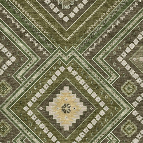 8' X 10' Olive Green Ivory And Brown Tribal Washable Area Rug With UV Protection
