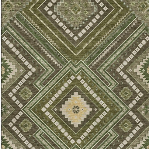 8' X 10' Olive Green Ivory And Brown Tribal Washable Area Rug With UV Protection
