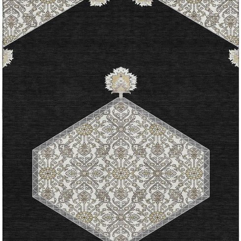 5' X 8' Black Ivory And Gold Oriental Washable Area Rug With UV Protection