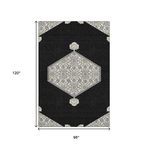 8' X 10' Black Ivory And Gold Oriental Washable Area Rug With UV Protection