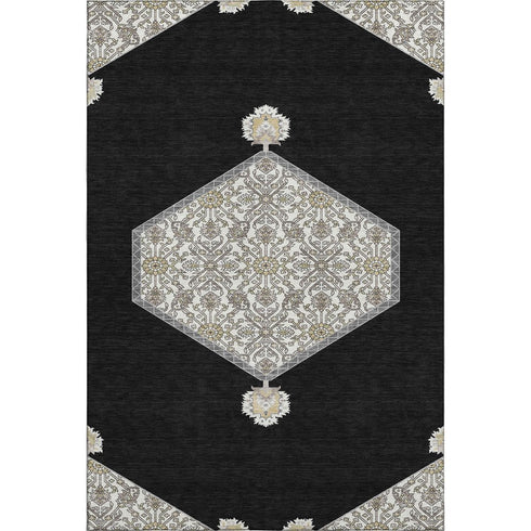 8' X 10' Black Ivory And Gold Oriental Washable Area Rug With UV Protection