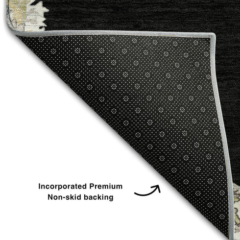 8' X 10' Black Ivory And Gold Oriental Washable Area Rug With UV Protection