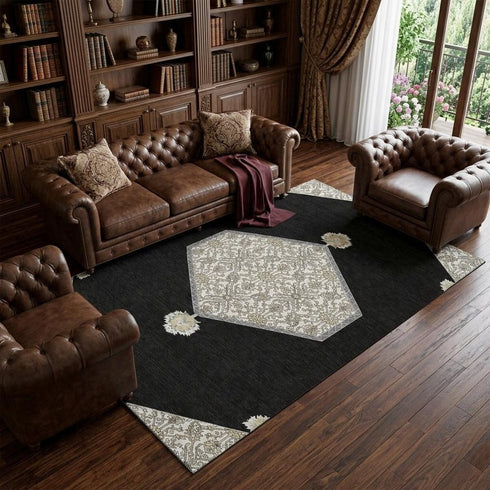 8' X 10' Black Ivory And Gold Oriental Washable Area Rug With UV Protection