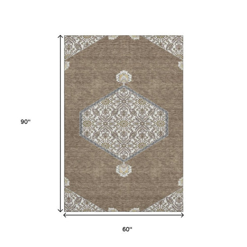 5' X 8' Brown Beige And Gray Oriental Washable Area Rug With UV Protection