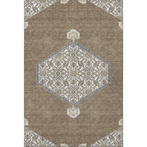 5' X 8' Brown Beige And Gray Oriental Washable Area Rug With UV Protection