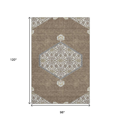 8' X 10' Brown Beige And Gray Oriental Washable Area Rug With UV Protection