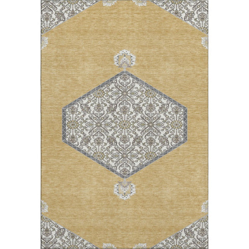 5' X 8' Gold Ivory And Gray Oriental Washable Area Rug With UV Protection