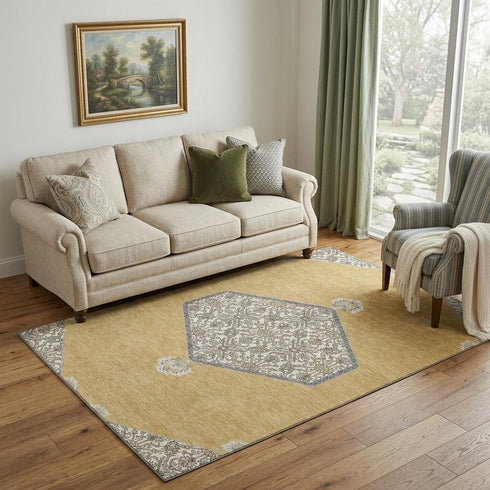 5' X 8' Gold Ivory And Gray Oriental Washable Area Rug With UV Protection