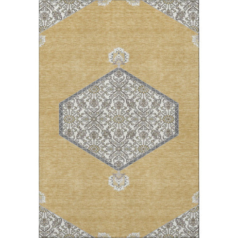 5' X 8' Gold Ivory And Gray Oriental Washable Area Rug With UV Protection