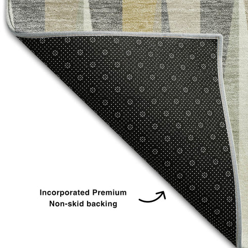 5' X 8' Beige Ivory And Gold Geometric Washable Area Rug With UV Protection