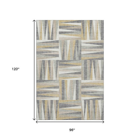 8' X 10' Beige Ivory And Gold Geometric Washable Area Rug With UV Protection