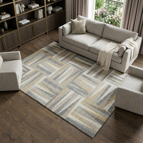 8' X 10' Beige Ivory And Gold Geometric Washable Area Rug With UV Protection