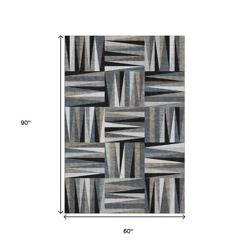 5' X 8' Black Beige And Ivory Geometric Washable Area Rug With UV Protection