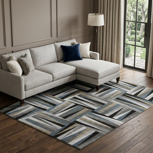 8' X 10' Black Beige And Ivory Geometric Washable Area Rug With UV Protection