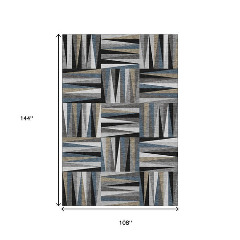 9' X 12' Black Beige And Ivory Geometric Washable Area Rug With UV Protection