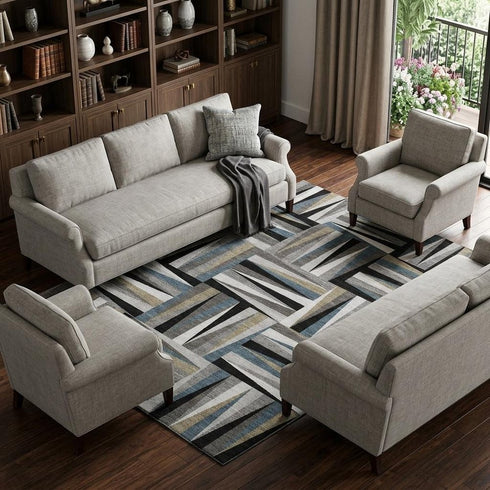 9' X 12' Black Beige And Ivory Geometric Washable Area Rug With UV Protection