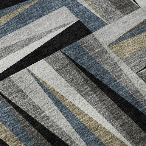 9' X 12' Black Beige And Ivory Geometric Washable Area Rug With UV Protection