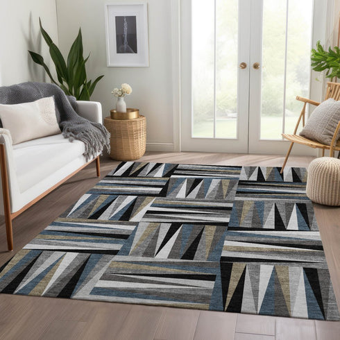 9' X 12' Black Beige And Ivory Geometric Washable Area Rug With UV Protection