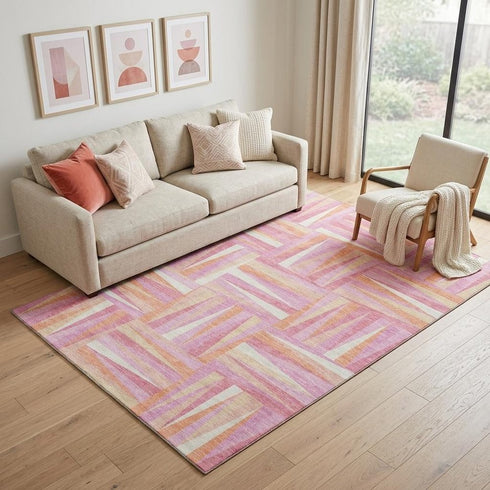 5' X 8' Blush Peach And Ivory Geometric Washable Area Rug With UV Protection