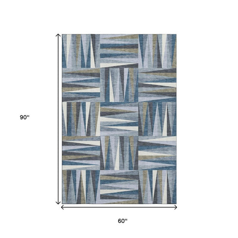 5' X 8' Denim Blue Ivory And Taupe Geometric Washable Area Rug With UV Protection