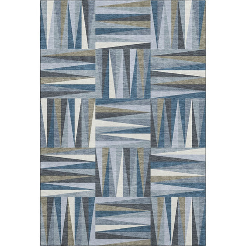 5' X 8' Denim Blue Ivory And Taupe Geometric Washable Area Rug With UV Protection