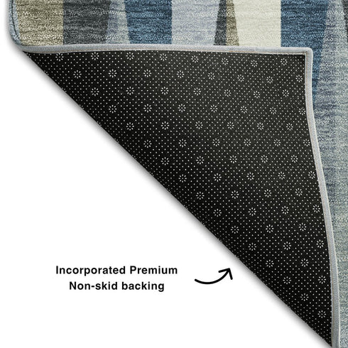 5' X 8' Denim Blue Ivory And Taupe Geometric Washable Area Rug With UV Protection