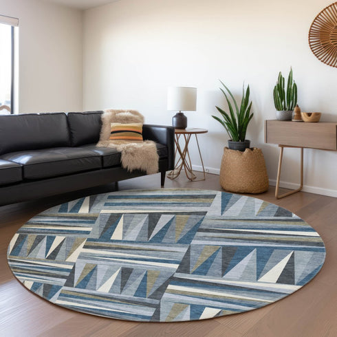 8' Denim Blue Ivory And Taupe Geometric Washable Round Rug With UV Protection