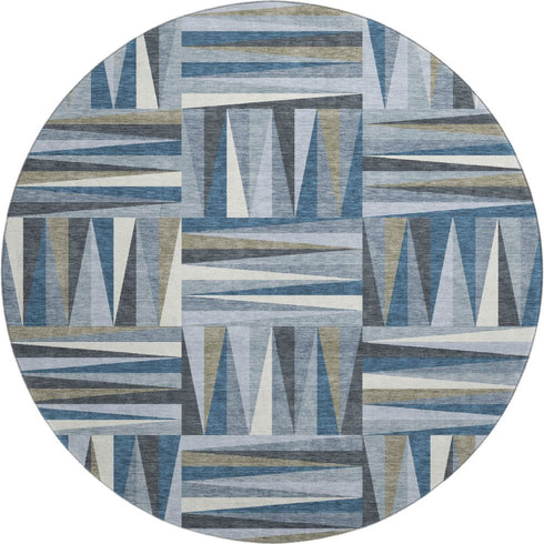 8' Denim Blue Ivory And Taupe Geometric Washable Round Rug With UV Protection
