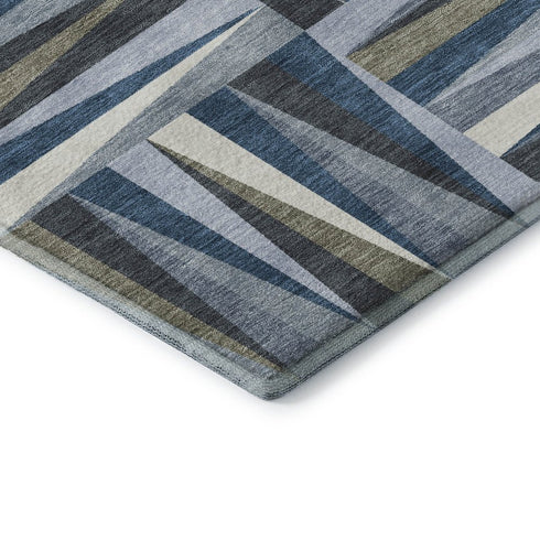 8' Denim Blue Ivory And Taupe Geometric Washable Round Rug With UV Protection