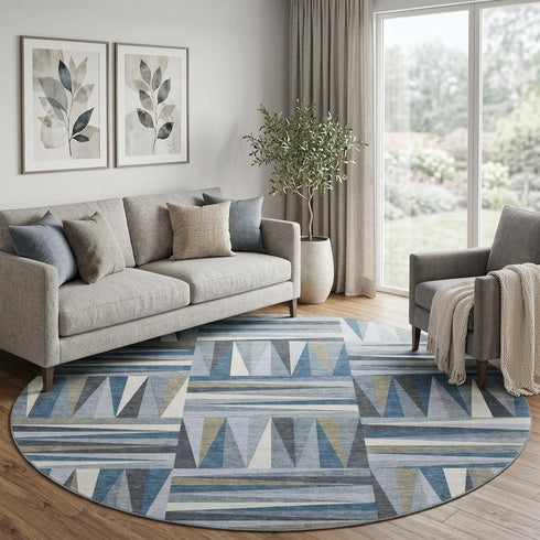 8' Denim Blue Ivory And Taupe Geometric Washable Round Rug With UV Protection