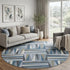 8' Denim Blue Ivory And Taupe Geometric Washable Round Rug With UV Protection