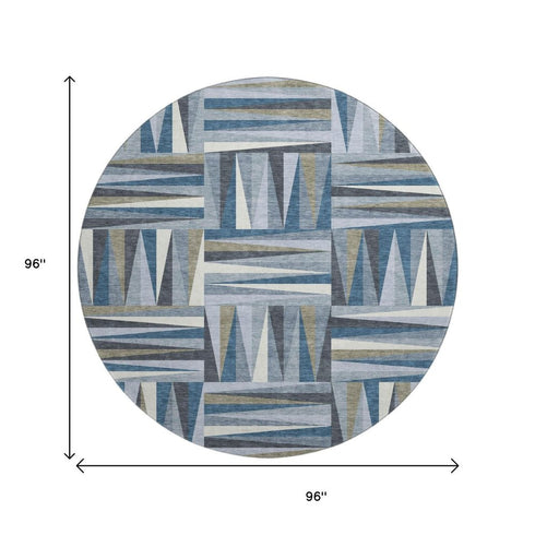 8' Denim Blue Ivory And Taupe Geometric Washable Round Rug With UV Protection
