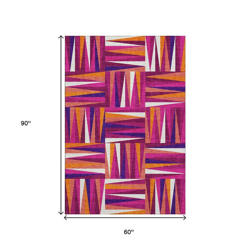5' X 8' Burgundy Purple And Orange Geometric Washable Area Rug With UV Protection