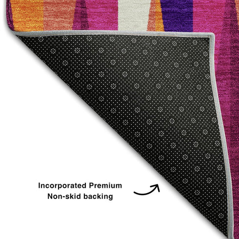 5' X 8' Burgundy Purple And Orange Geometric Washable Area Rug With UV Protection