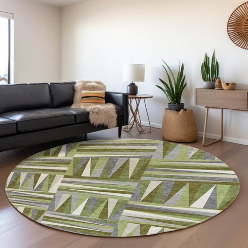 8' Green Ivory And Gray Geometric Washable Round Rug With UV Protection
