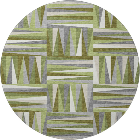 8' Green Ivory And Gray Geometric Washable Round Rug With UV Protection